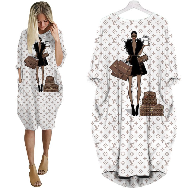 T For Louis Vuitton Lover Lv Louis Vuitton Fashion Girl Pattern Batwing Pocket Dress Hg Hot 9903